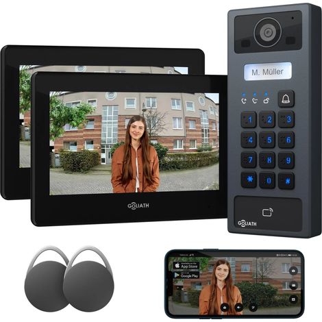 GOLIATH Basic 2-Draht BUS Türsprechanlage  FullHD  2x 7" Schwarz  RFID & Keypad  1-Fam  Aufputz