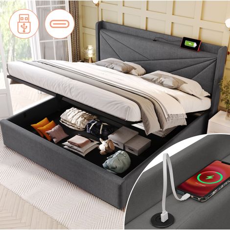 Cama doble con almacenaje 140/200 cm gris de lino de algodón con cabecero geométrico y carga USB-C (1/5)