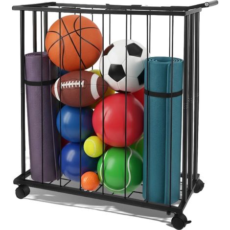Contenedor para guardar pelotas, diseño con ruedas, construcción robusta de metal, color negro. (1/2)