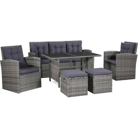 Garten Lounge Set 6 TLG. mit Kissen Poly Rattan Grau bis 7 Personen (1/5)