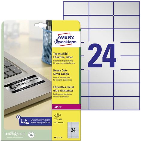 Avery-Zweckform L6133-20 Etichetta per cartellini e targhette 70 x 37 mm Pellicola in poliestere Argento 480 pz. A tenu (1/5)
