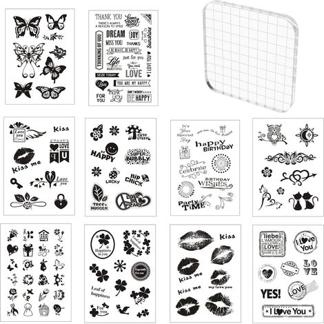 Tampon Silicone Scrapbooking, 10 Pièces Tampons Transparents avec 1 Pièces Tampon Encreur Acrylique 10x10 cm, Tampons Clear pour DIY Scrapbooking Décoration Photo Album Journalisation (1/5)