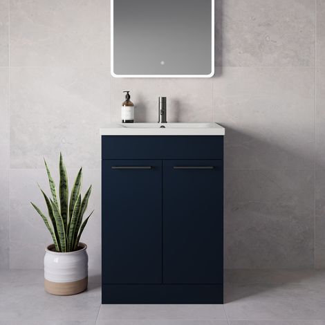 Napoli 460 Deep Blue 600mm 2 Door Vanity Unit with Glide Basin - 600mm - Gunmetal Grey 160mm Handle