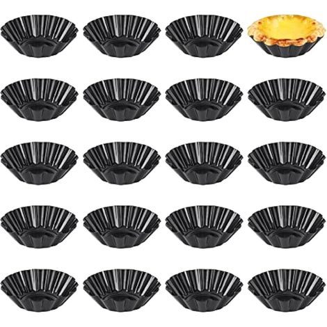 Lot de 20 moules à tarte en acier au carbone anti-adhésif réutilisable pour tarte aux œufs - 7,6 cm - Noir (1/5)