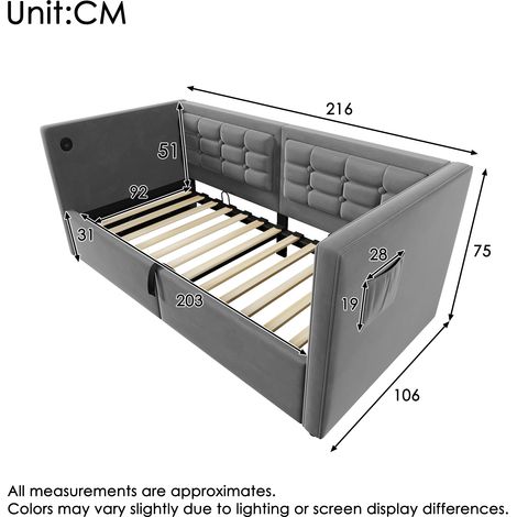Canapé convertible Polstert 90x200 cm, lit simple avec coffre de rangement hydraulique, ports USB et Type-C, canapé d'appoint à lattes en bois, gris, velours, sans matelas (1/4)