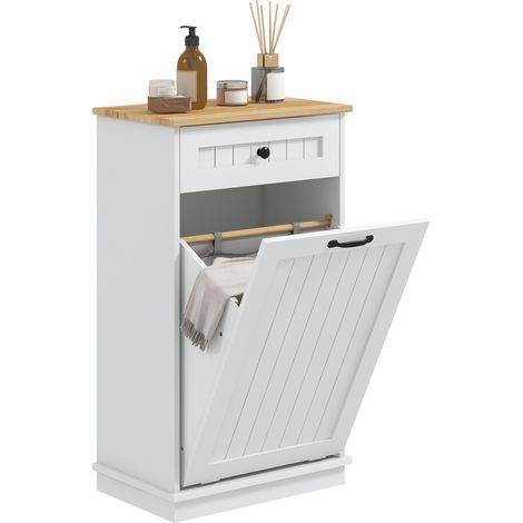 Mobiletto da bagno portatile con cesto e cassetto per la biancheria, mobiletto con anta in legno e cesto interno in tessuto, bianco