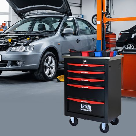 MODFU – Carro de herramientas de 5 cajones de acero laminado en frío con guías de bolas, cerradura y 4 ruedas de las cuales 2 con freno para taller o garaje – Negro/rojo (1/5)