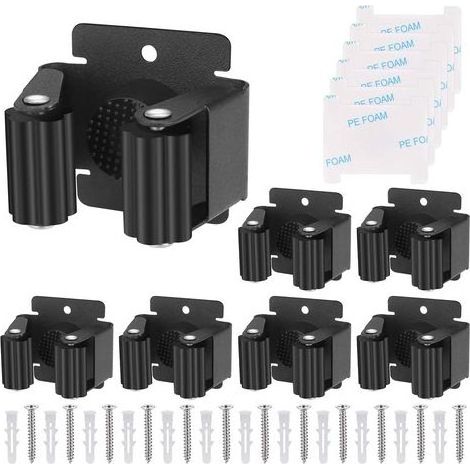 Wandmontierter Besenhalter mit 6 Halterungen, aus robustem schwarzem Edelstahl 304, ideal für Badezimmer, Küche, Garage und Garten.