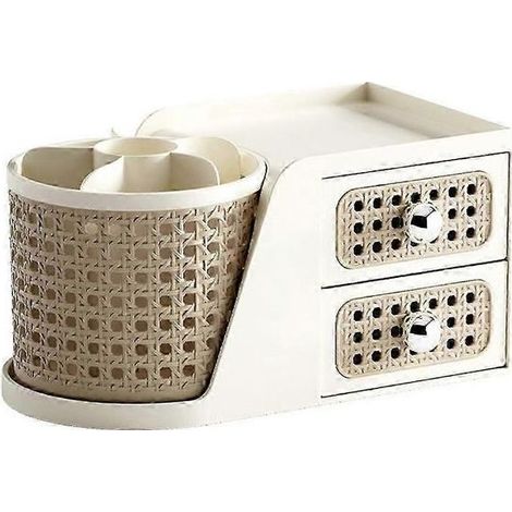 Organiseur de bureau vintage en rotin avec porte-stylo rotatif et double tiroir, boîte de rangement pour fournitures de bureau (1/5)