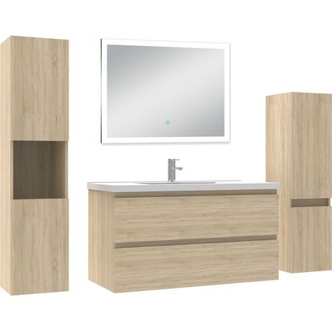 Ocean Ensemble meuble Salle de Bain 100cm simple vasque avec colonne et miroir lumineux dimmable chêne wotan