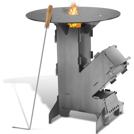 Jiubiaz Raketenofen Outdoor Grillofen, Steckbarer Campingkocher aus Kohlenstoffstahl mit Grillplatte 50 cm und Feuerhaken für Garten Camping (1/5)
