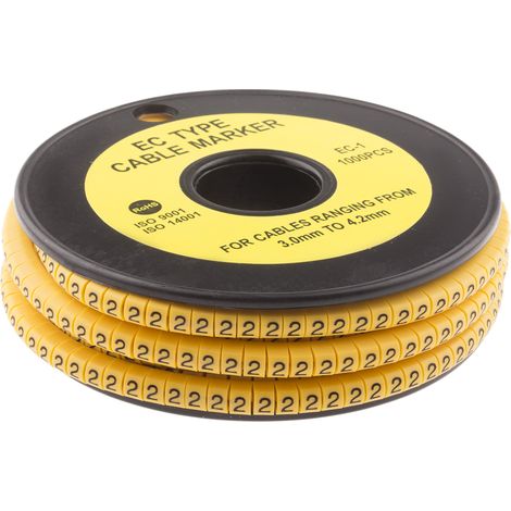 Repère câble , Ø câble 3 4.2mm, texte : 2, Noir sur Jaune ( Prix pour Bobine de 1000 )