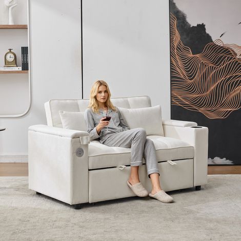 Canapé convertible 3-en-1 2 places beige, 140.5x74x82cm, dossier ajustable, port USB recharge, canapé-lit pliant extensible avec table escamotable et porte-verres, lounge jour