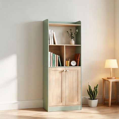 Meuble de rangement haut vert et bois avec étagères (1/5)