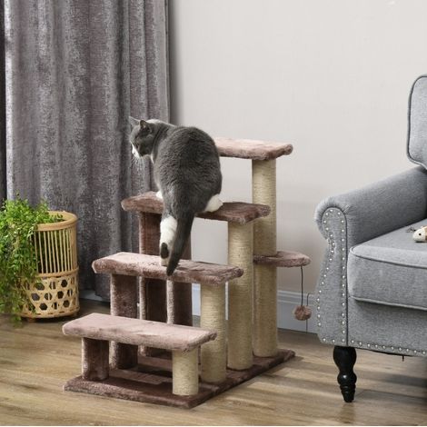 Rascador para gatos con escalera para mascotas, 4 niveles, 60 x 40 x 64 cm, yute, marrón OKMYHOME (1/5)