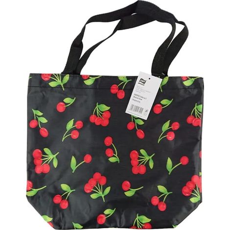 Borsa della spesa grande, modello 1, nera, stampa colorata, ciliegie, foglie
