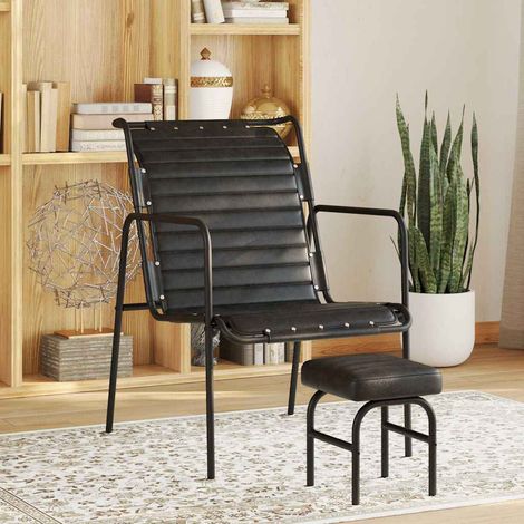 Fauteuil inclinable avec repose-pieds, cuir véritable noir
