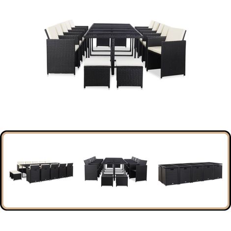 15-tlg. Garten-Essgruppe mit Kissen Poly Rattan Schwarz - Gartengarnitur - Outdoor-Möbel - Rattan Gartenset - Esstisch - Gartenstuhl