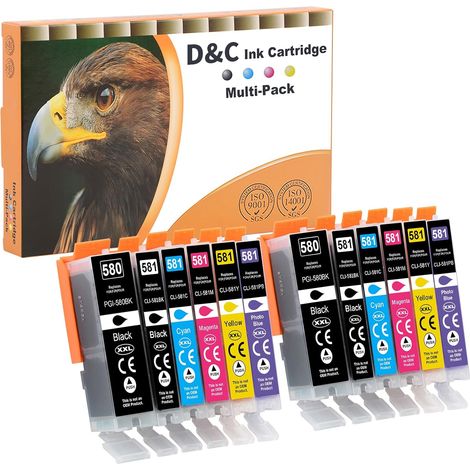 580 581 XXL Cartouches d'encre Compatible pour Canon PGI-580 CLI-581 Cartouches pour Canon Pixma TS8350 Cartouches pour TS8150 TS8151 TS8152 TS8250 TS8251 TS8350 TS8350a TS8351 TS8352, 12-Paquets (1/5)