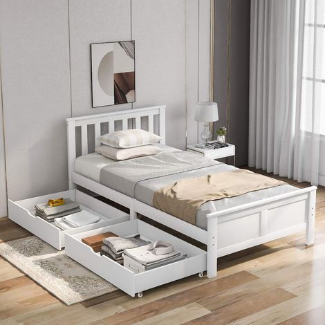 Single wooden bed frame with two drawers, headboard and footboard for bedroom, living room, furniture frame for adults, children, teenagers (white) (1/5)