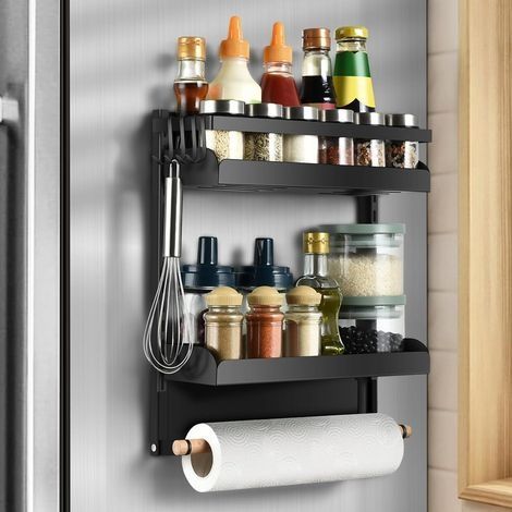 Etagere Magnetique Frigo, Multifonction Etagere Epice Magnétique Puissant, Rangement Cuisine Gain de Place avec Porte Sopalin et 4 Petit Crochets pour Réfrigérateur, Machines à Laver (Noir) (1/5)