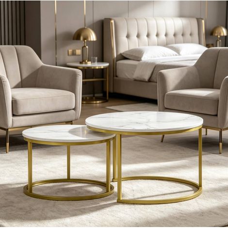 Set de 2 tables basses rondes empilables blanc et or OKWISH (1/5)