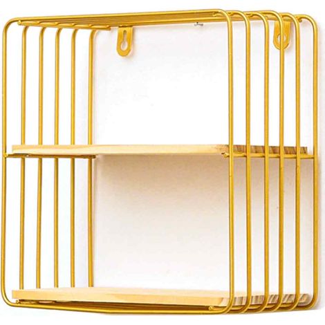 Étagère murale en bois et fer, élégante et raffinée, pour salon, cuisine et salle de bain. Étagère carrée à double niveau dorée.