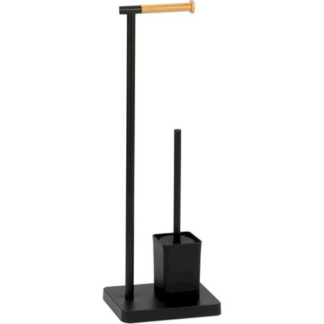 Porte rouleau WC design métal noir et bambou élégant - noir mat et bambou naturel