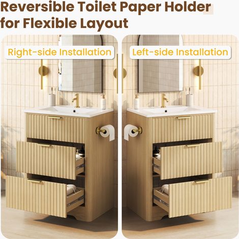 Meuble sous vasque autoportant 61 cm, aspect bois, lavabo céramique inclus, tiroirs de rangement, porte-papier hygiénique montable à gauche ou à droite, poignées dorées, sans robinet (1/5)