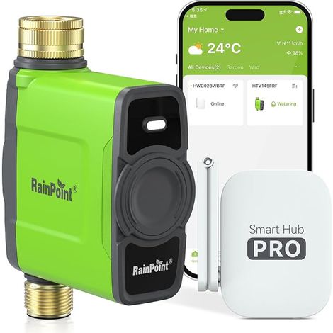 WiFi Watering Timer with Brass Input and Output, Smart Automatic Watering Timer APP/Voice Control, Weather-Based Watering, Rain/Manual Delay, IP65 Waterproof (1/5)