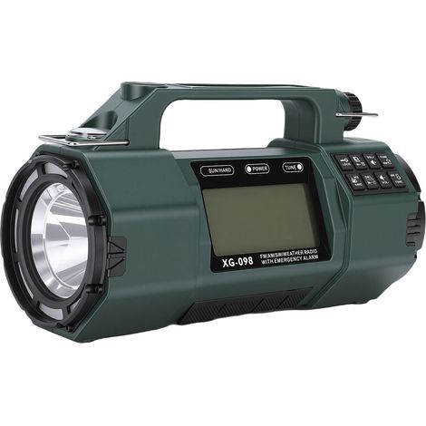 Radio d'urgence vert olive, étanche IPX3, à énergie solaire et manivelle, fonctionnant sur piles, avec écran LCD, lampe torche LED et alarmes pour l'extérieur. (1/5)