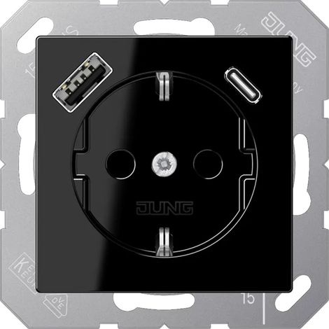 Jung SCHUKO®-Steckdose, 16 A 250 V , mit USB-Ladegerät, 1 x Typ A + 1 x Typ C, SAFETY+, Serie A, schwarz A 1520-15 CA SW (1/2)