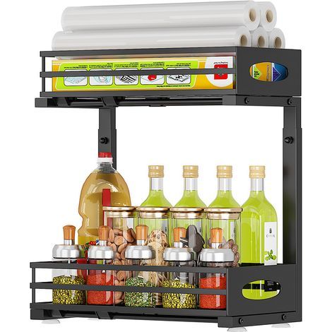 (1 Piece) Metal Under Sink Organizer, 2-Tier Sink Organizer with Sliding Drawer for Kitchen, Bathroom, Height Adjustable, Black (1/5)