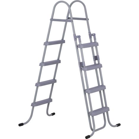 Aufstellpoolleiter mit 4 Stufen, A-Rahmen-Stahlkonstruktion, 132,1 cm Wandmontage, Tragkraft 136 kg, sicherer, rutschfester Ein- und Ausstieg, breite, stabile Stufen, einfache Außenmontage, grau (1/5)