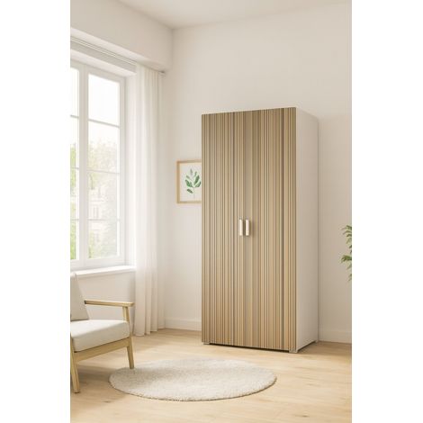 Armario 2 Puertas Nigella, Ropero Dormitorio Colgador, Hecho en Italia, 52.00x180.00h cm Blanco Roble Rayado (1/3)