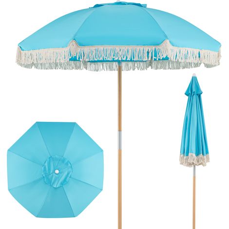 Parasol de jardin bohème à franges bleu, 180 cm, mât en hêtre, 8 baleines, inclinable, ouverture automatique pour terrasse, balcon et plage (1/5)
