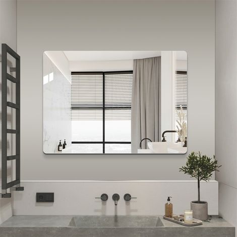 Miroir de Salle de Bain Rectangle - 50x70cm - Sans Cadre HD avec Coins Arrondis Mural Vertical ou Horizontal - Argent (1/5)