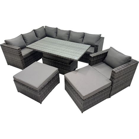 Fimous 9-seater Height Adjustable Rising Lifting Table Corner Sofa Set Rattan Garden Furniture Dining Set with 2 Big Stool Dark Grey Mixed (1/5)