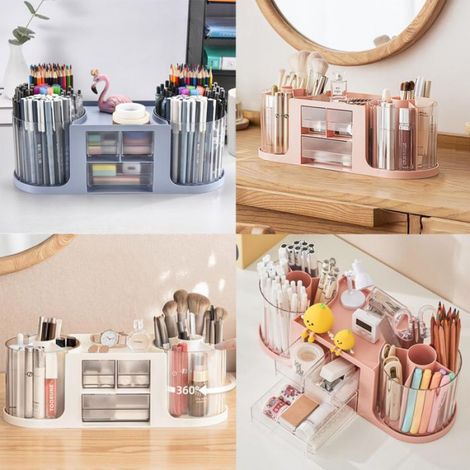 Organiseur de Bureau Rotatif à 360 Pot à Crayon Rotatif 14 Compartiments Porte Stylos de Bureau Faire Tourner Pot Crayon (Rose) (1/5)