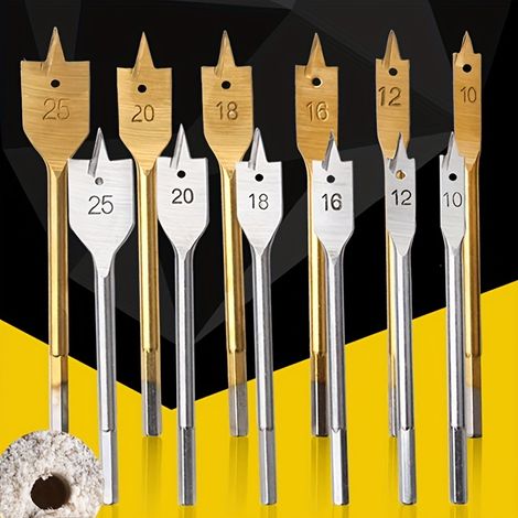 Set mit 12 dreikantigen Flachbohrern für die Holzbearbeitung, Sechskantbohrern zum Aufbohren von Löchern, Flachbohrern für Bretter und Holzblöcke.