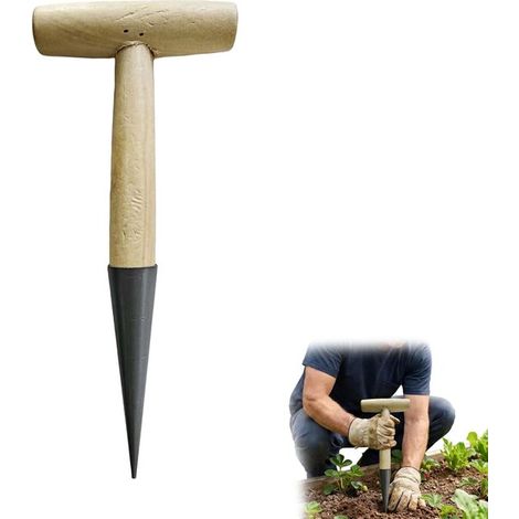 Maceta manual tradicional de acero inoxidable con mango de madera, herramienta de jardinería ergonómica para plantar fácilmente. (1/5)