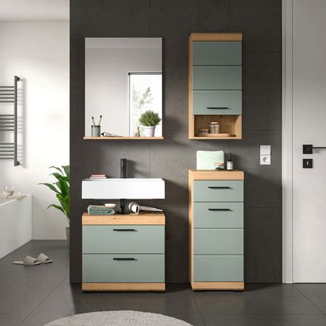 Ensemble 3 meubles salle de bain avec miroir chêne brun et kaki - OLBO