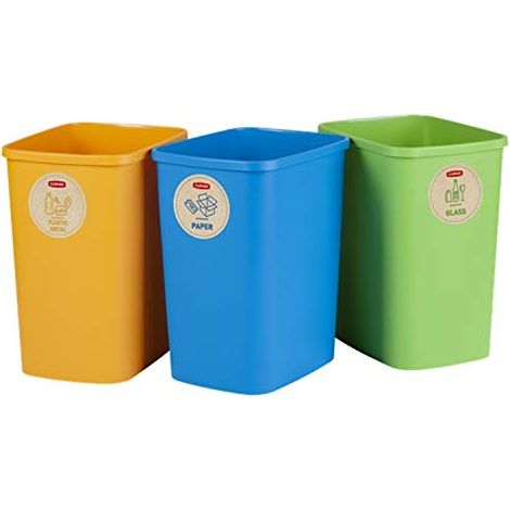 CURVER Eco Friendly Set mit 3 Behältern für das Recyclingsystem, Kunststoffbehälter für Papier, Glas und Kunststoff (3 x 10 L)