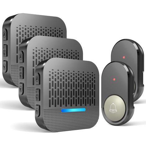 Campanello senza fili da esterno impermeabile con batteria, distanza 300 m, 2 trasmettitori esterni e 3 ricevitori interni, 55 suonerie, incluso Natale, 5 volumi, LED blu, nero (1/5)