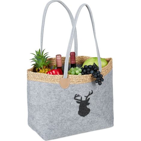 Relaxdays Filztasche, 35 l, Einkaufstasche & Kaminholzkorb, faltbar, Hirschmotiv, mit Henkeln, Einkaufskorb Filz, grau