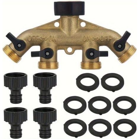 Répartiteur de Robinet de Jardin 4 Voies en Laiton – Diviseur d’Irrigation Multitâche avec Adaptateur, Filetage Européen 3/4"