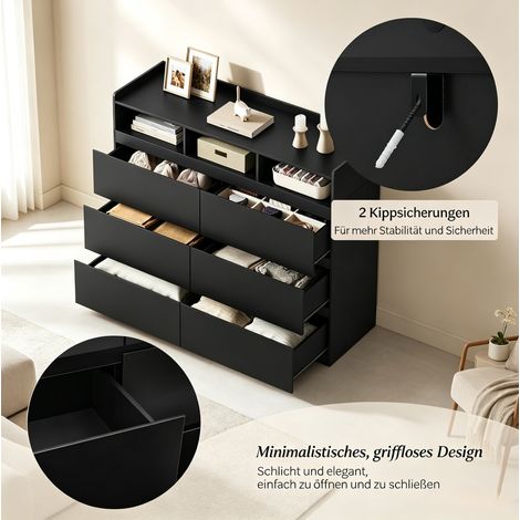 Commode noire multifonction avec 6 tiroirs et 3 niches ouvertes, 120x40x100 cm (1/5)