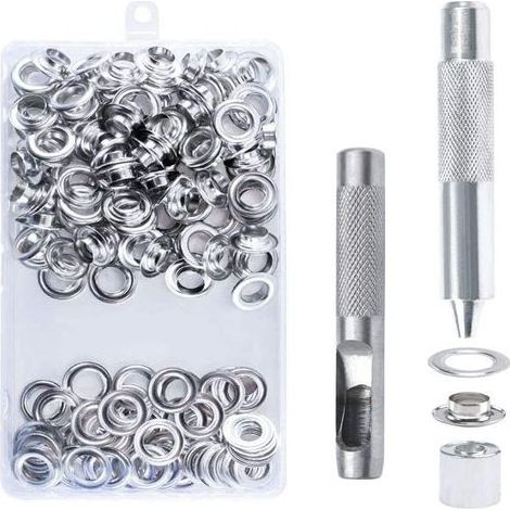 100pcs Kit de Grommets Eyelets Outils, 10mm Oeillets pour Baches, Trousse à Oeillets, Grommet Kit avec 3 Pièces Outil, Oeillets pour Bâche, Chaussures, Vêtements, Tentes (1/5)