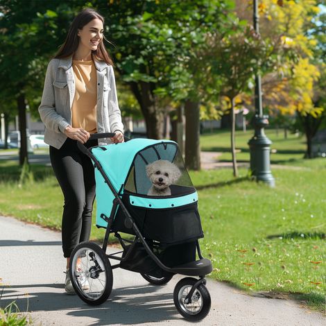 Poussette pour petits chiens et chats, avec panier de rangement, pliage en un clic, turquoise