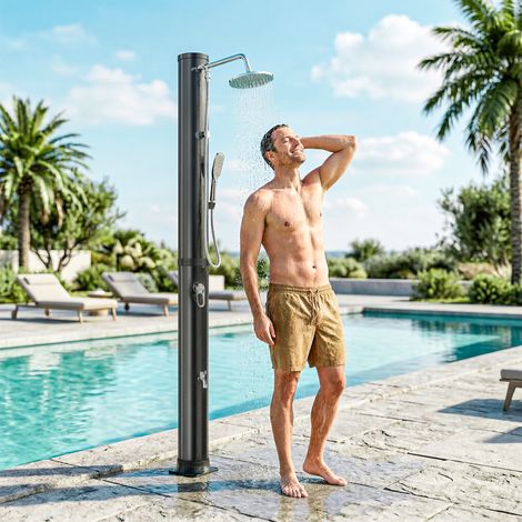 Doccia solare da giardino da 40 litri con doccetta, rubinetto a pedale e temperatura regolabile (max. 60°C) per piscina - Nera